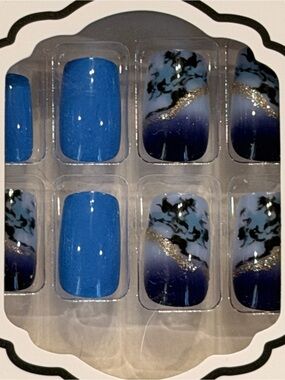 Royal Blue Marble Press On Nails Gold Glitter Ocean Wave Glam